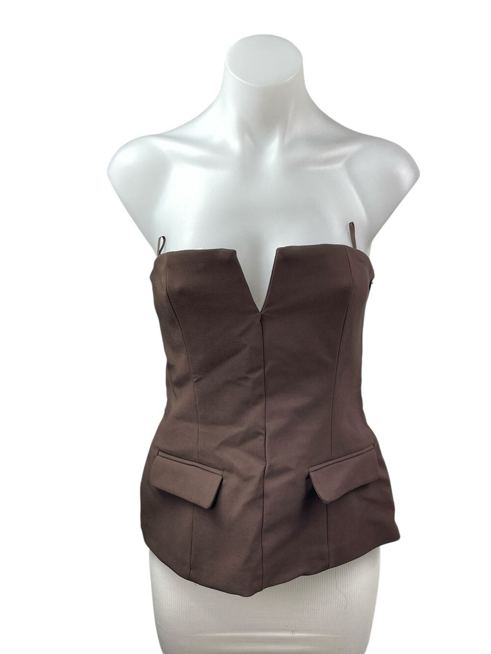 NEW Zara Women's Brown Strapless V Neck Tube Bandeau Pocket Blouse Top Size S